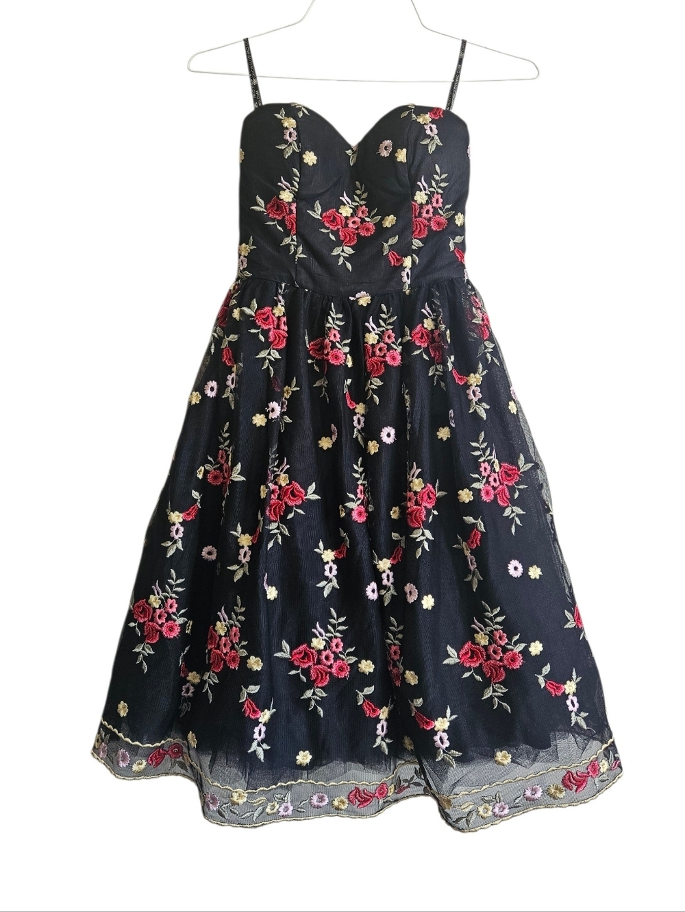NWOT Chi Chi London Black Floral Embroidered Mesh Tulle Strapless Dress XXS